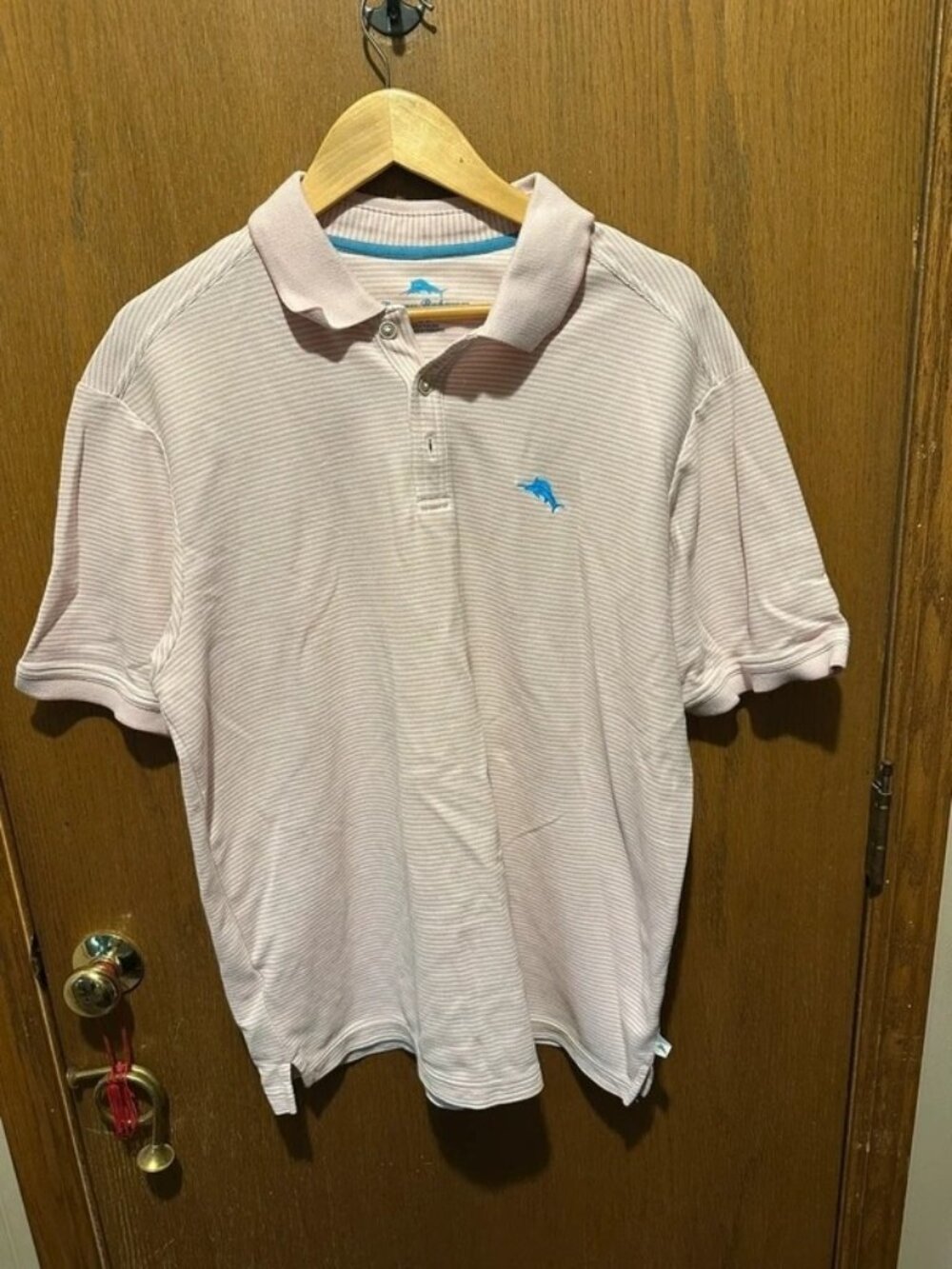 Tommy Bahama Mens Large Pink White Striped Polo Shirt Blue Marlin Logo Golf Casu